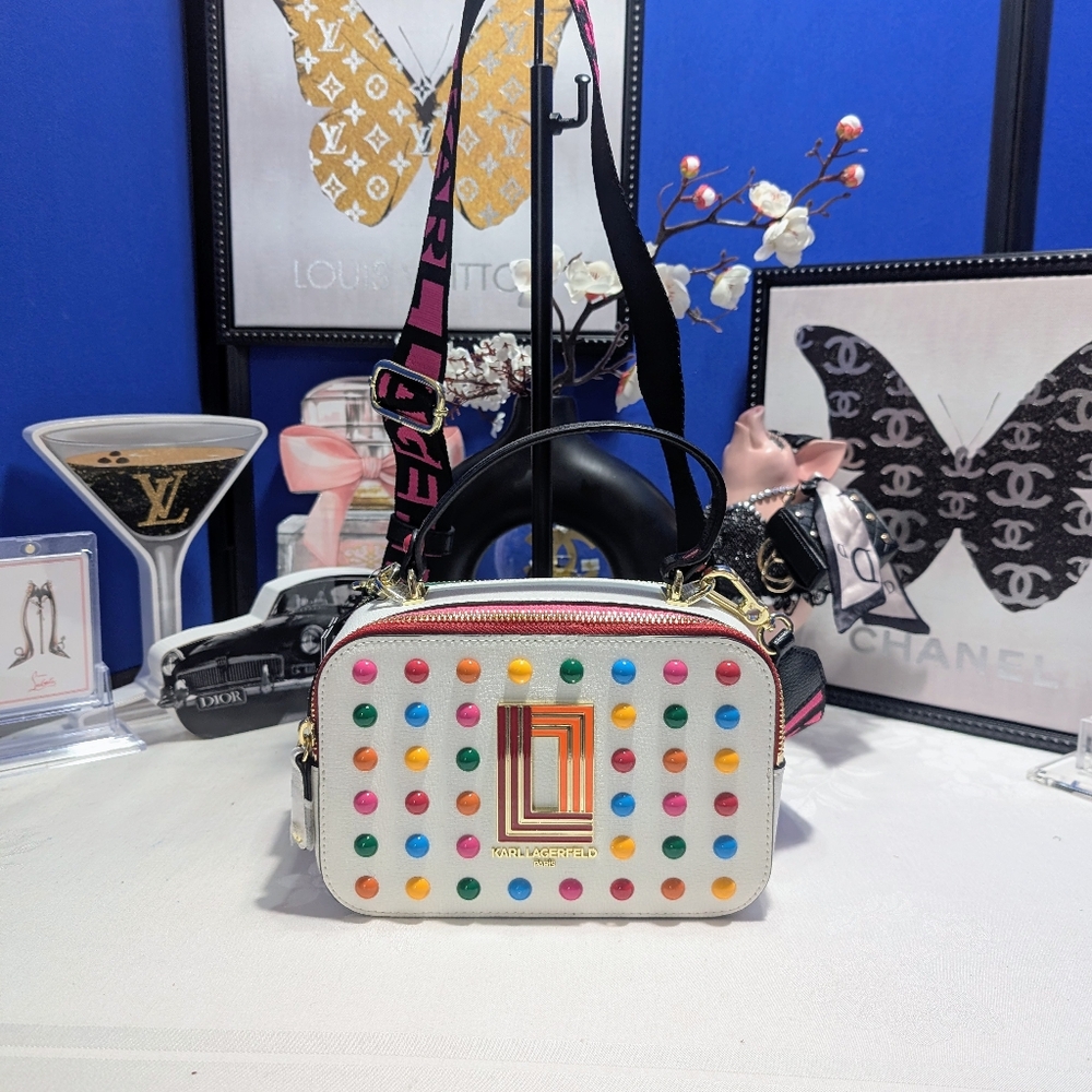 Karl Lagerfeld Paris Simone Leather Camera Bag Crossbody With Colorful Dots🎉